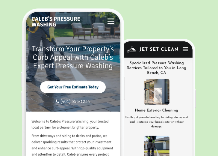 Revive Detailing and Spotless Touch landing pages in two smartphones, side by side, showing mobile view of the websites