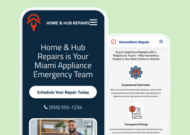 Revive Detailing and Spotless Touch landing pages in two smartphones, side by side, showing mobile view of the websites