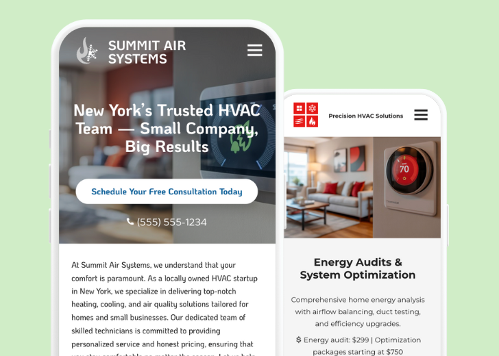 Revive Detailing and Spotless Touch landing pages in two smartphones, side by side, showing mobile view of the websites