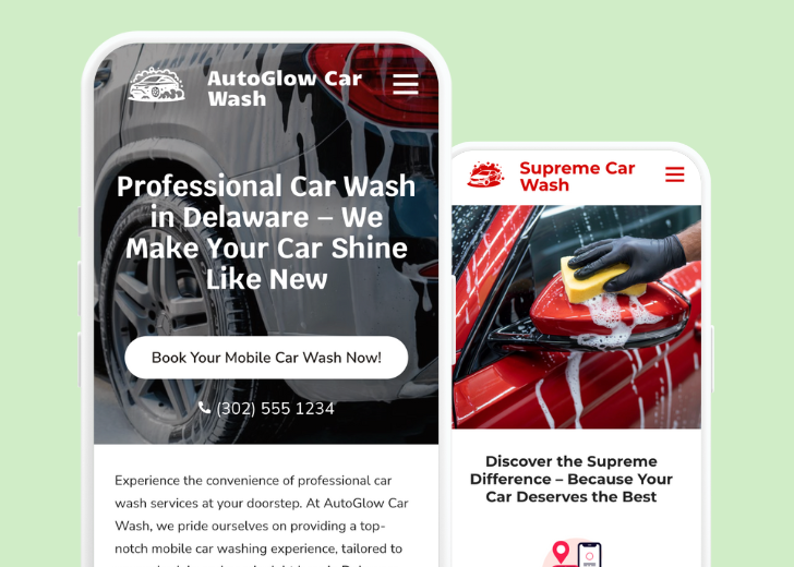Revive Detailing and Spotless Touch landing pages in two smartphones, side by side, showing mobile view of the websites
