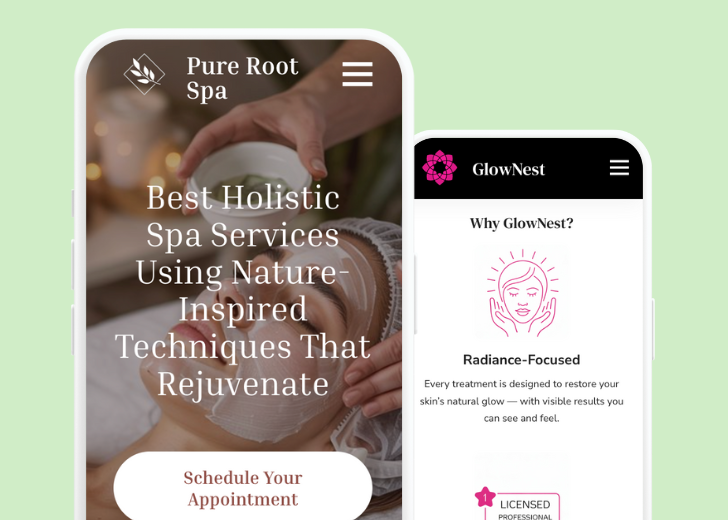 Revive Detailing and Spotless Touch landing pages in two smartphones, side by side, showing mobile view of the websites