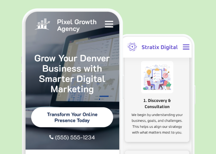 Revive Detailing and Spotless Touch landing pages in two smartphones, side by side, showing mobile view of the websites