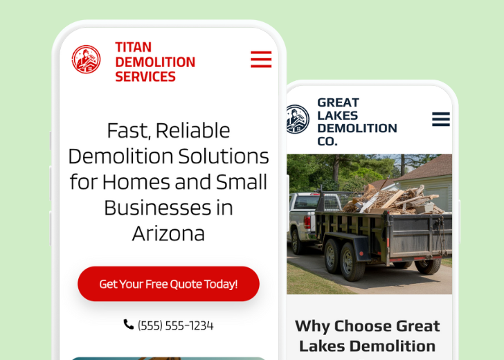 Revive Detailing and Spotless Touch landing pages in two smartphones, side by side, showing mobile view of the websites