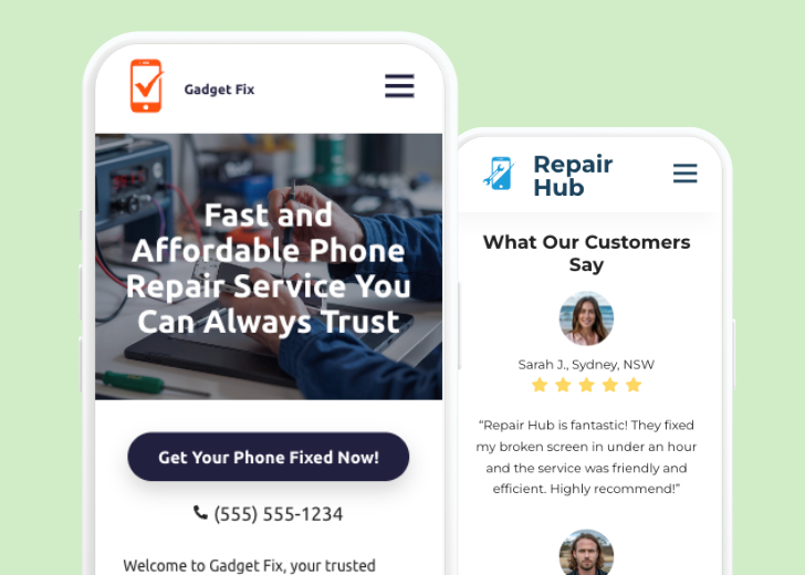 Revive Detailing and Spotless Touch landing pages in two smartphones, side by side, showing mobile view of the websites
