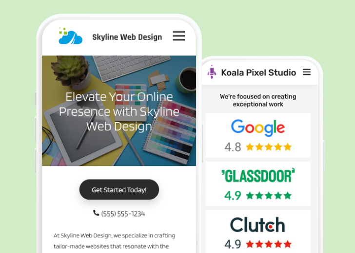 Revive Detailing and Spotless Touch landing pages in two smartphones, side by side, showing mobile view of the websites