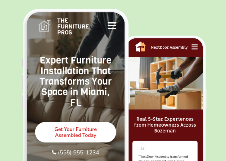 Revive Detailing and Spotless Touch landing pages in two smartphones, side by side, showing mobile view of the websites