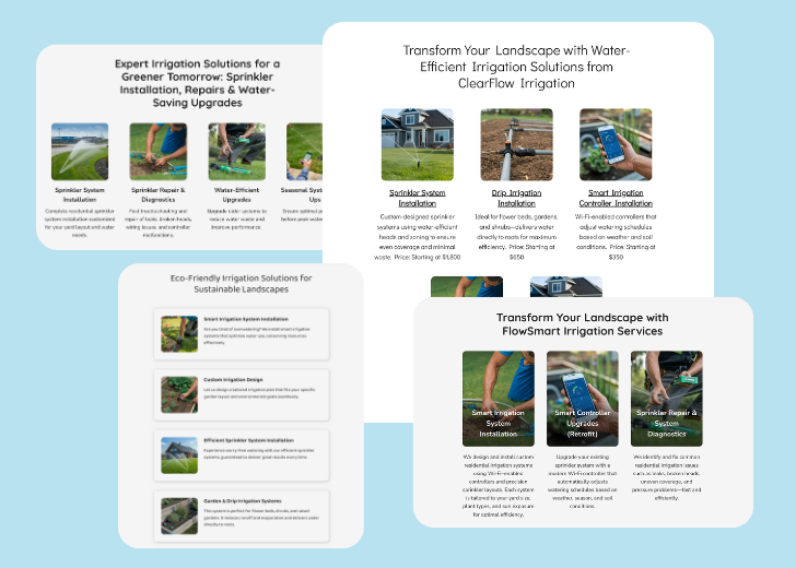 A collage of services section generated by Zarla showing different styles of service items, all having a picture, a title, and a brief description