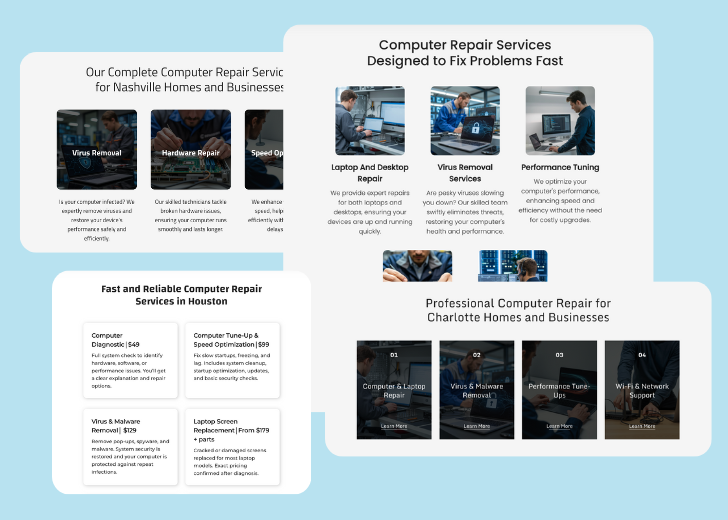 A collage of services section generated by Zarla showing different styles of service items, all having a picture, a title, and a brief description