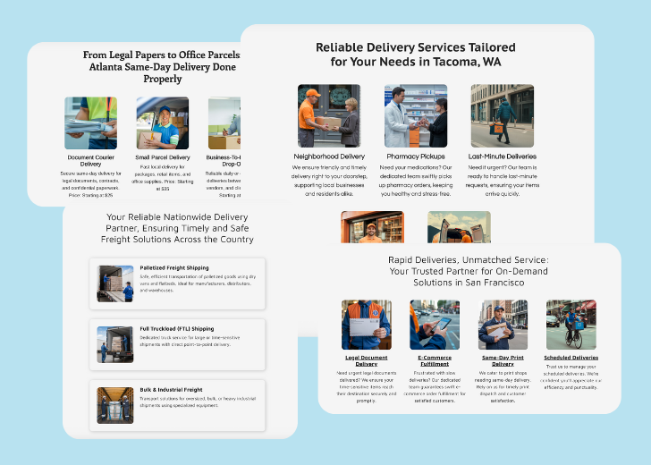 A collage of services section generated by Zarla showing different styles of service items, all having a picture, a title, and a brief description