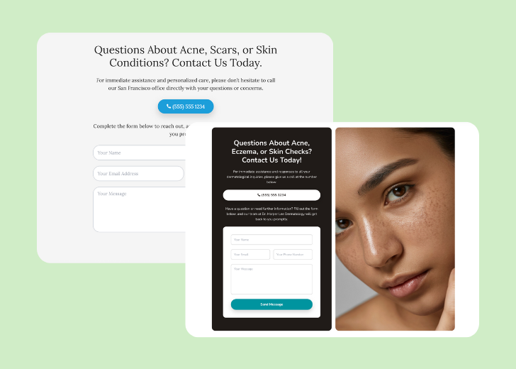 Screenshot of a contact form titled 'Get in touch' with a blue-colored primary button with a contact number, with input fields for Name, Email, and Message