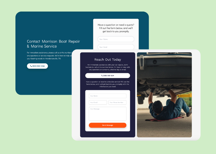 Screenshot of a contact form titled 'Get in touch' with a blue-colored primary button with a contact number, with input fields for Name, Email, and Message