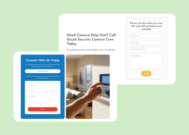 Screenshot of a contact form titled 'Get in touch' with a blue-colored primary button with a contact number, with input fields for Name, Email, and Message
