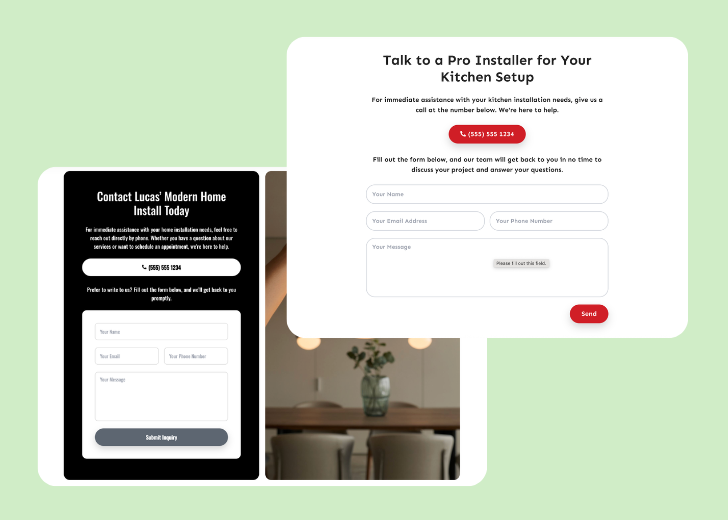 Screenshot of a contact form titled 'Get in touch' with a blue-colored primary button with a contact number, with input fields for Name, Email, and Message