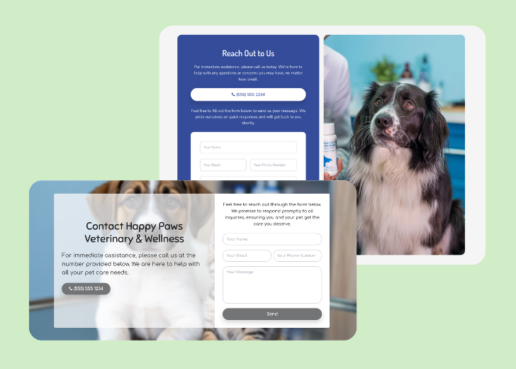 Screenshot of a contact form titled 'Get in touch' with a blue-colored primary button with a contact number, with input fields for Name, Email, and Message