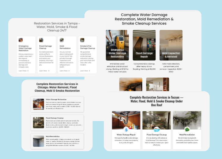 A collage of services section generated by Zarla showing different styles of service items, all having a picture, a title, and a brief description