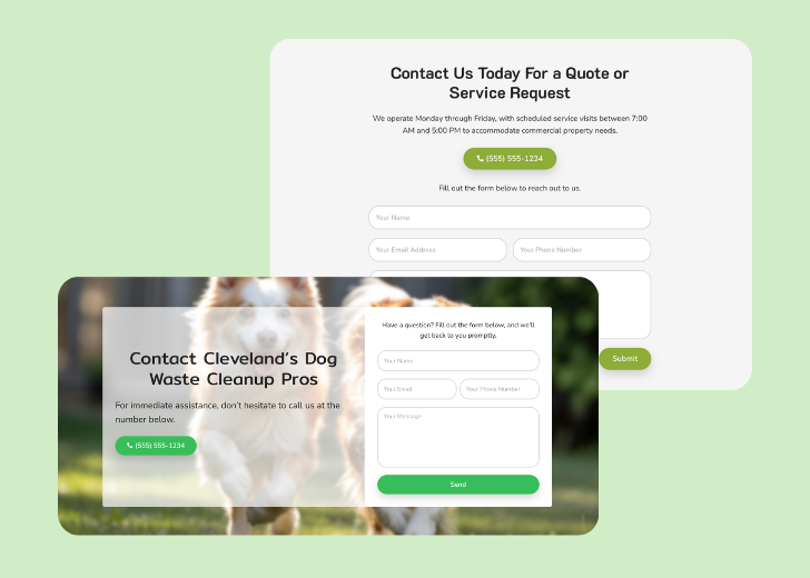 Screenshot of a contact form titled 'Get in touch' with a blue-colored primary button with a contact number, with input fields for Name, Email, and Message