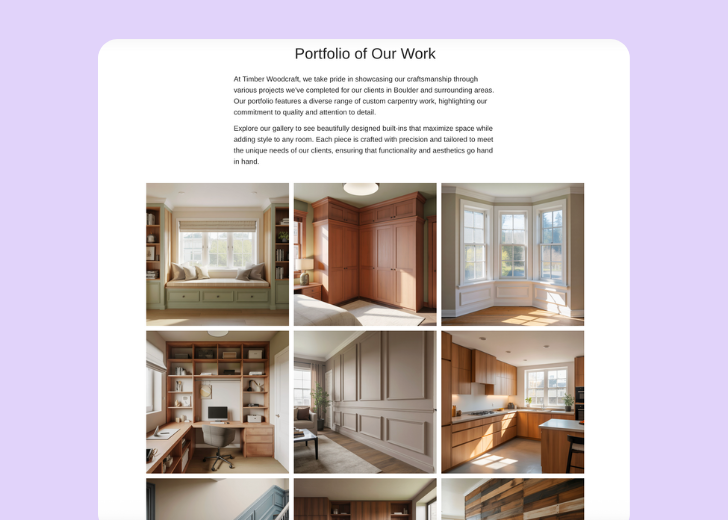 Gallery section titled 'Explore Our Stunning Home Remodeling Projects' with a gallery of 6 images of wooden-themed interior design in a masonry grid layout