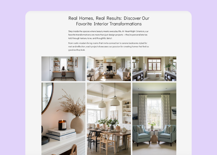 Gallery section titled 'Explore Our Stunning Home Remodeling Projects' with a gallery of 6 images of wooden-themed interior design in a masonry grid layout