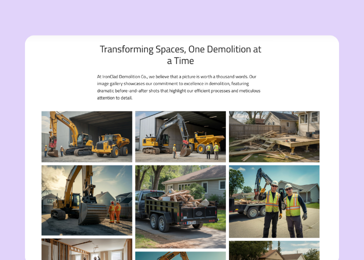 Gallery section titled 'Explore Our Stunning Home Remodeling Projects' with a gallery of 6 images of wooden-themed interior design in a masonry grid layout