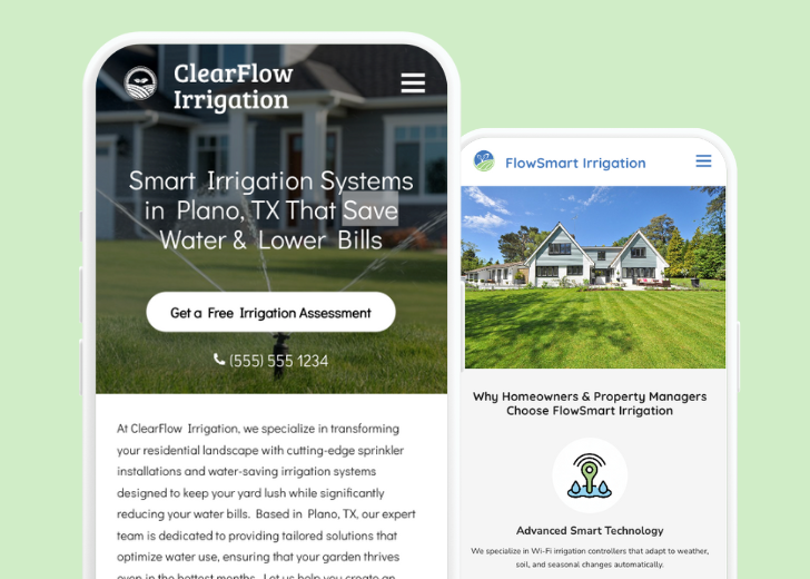 Revive Detailing and Spotless Touch landing pages in two smartphones, side by side, showing mobile view of the websites