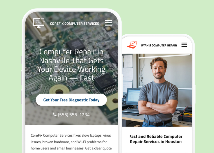 Revive Detailing and Spotless Touch landing pages in two smartphones, side by side, showing mobile view of the websites