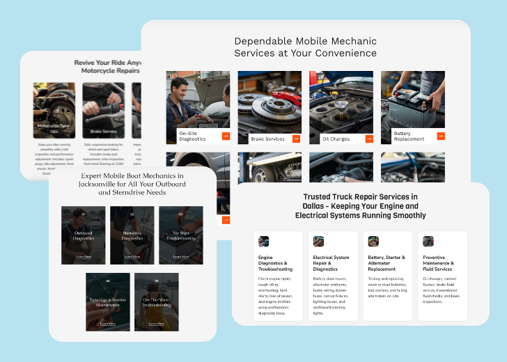 A collage of services section generated by Zarla showing different styles of service items, all having a picture, a title, and a brief description