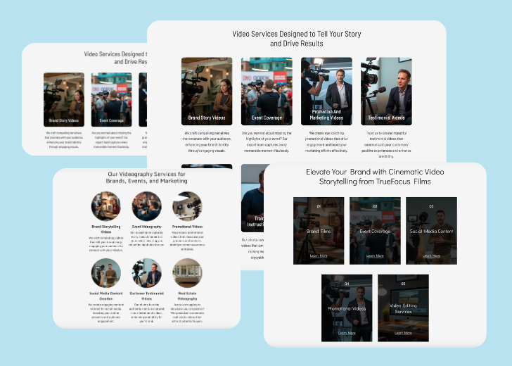 A collage of services section generated by Zarla showing different styles of service items, all having a picture, a title, and a brief description