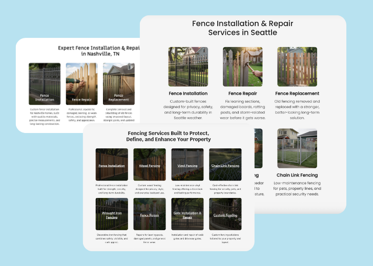 A collage of services section generated by Zarla showing different styles of service items, all having a picture, a title, and a brief description