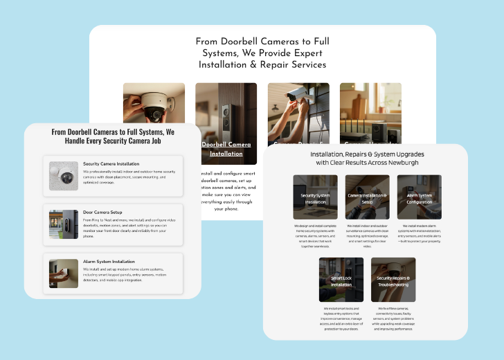 A collage of services section generated by Zarla showing different styles of service items, all having a picture, a title, and a brief description