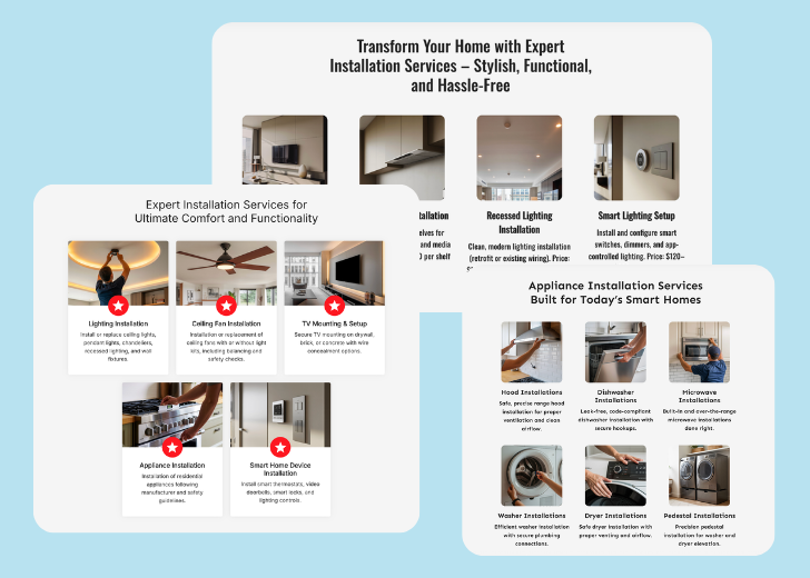 A collage of services section generated by Zarla showing different styles of service items, all having a picture, a title, and a brief description