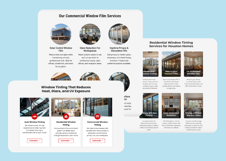 A collage of services section generated by Zarla showing different styles of service items, all having a picture, a title, and a brief description