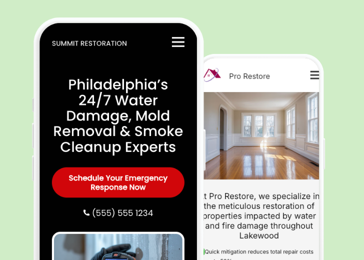 Revive Detailing and Spotless Touch landing pages in two smartphones, side by side, showing mobile view of the websites