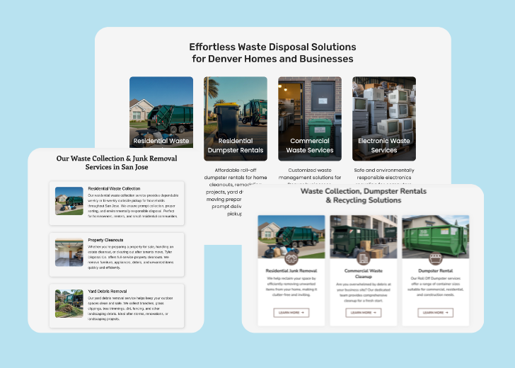 A collage of services section generated by Zarla showing different styles of service items, all having a picture, a title, and a brief description