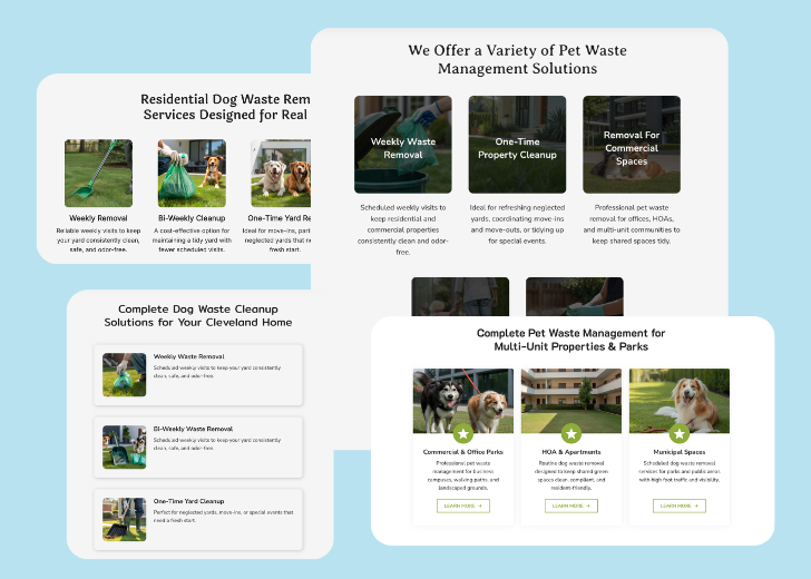 A collage of services section generated by Zarla showing different styles of service items, all having a picture, a title, and a brief description