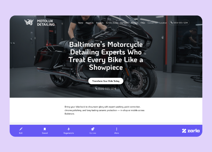 Revive Detailing landing page with the tagline 'Elevate the appearance and condition of your vehicle with Revive Detailing' with a picture of a shiny red car