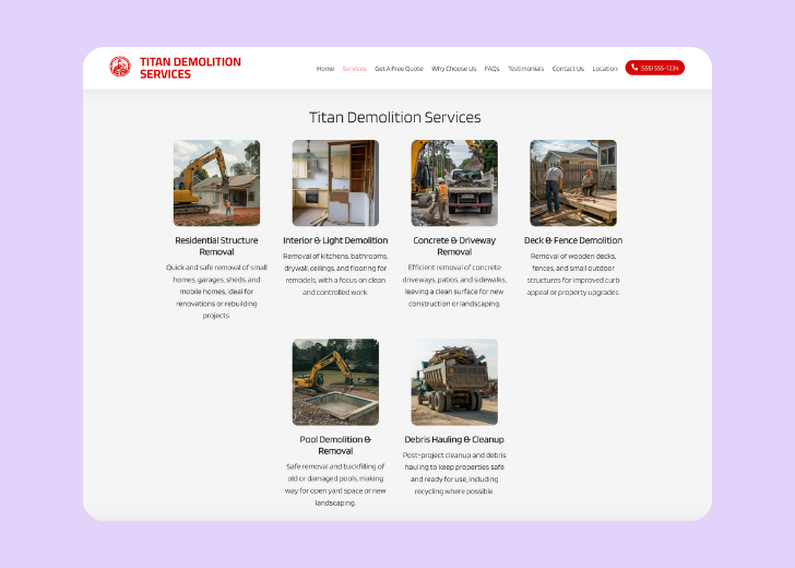 Spotless Touch landing page of a specific service titled 'Post Construction Cleaning' with a contact form on the side