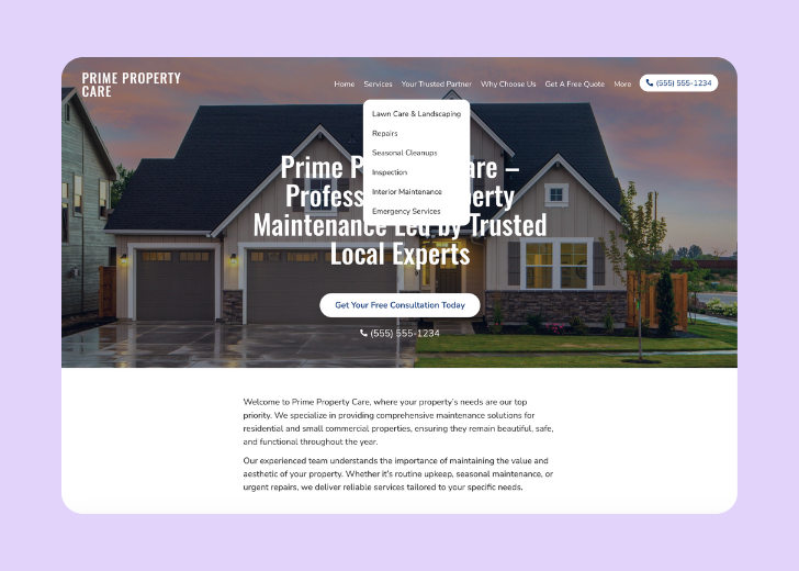Spotless Touch landing page of a specific service titled 'Post Construction Cleaning' with a contact form on the side