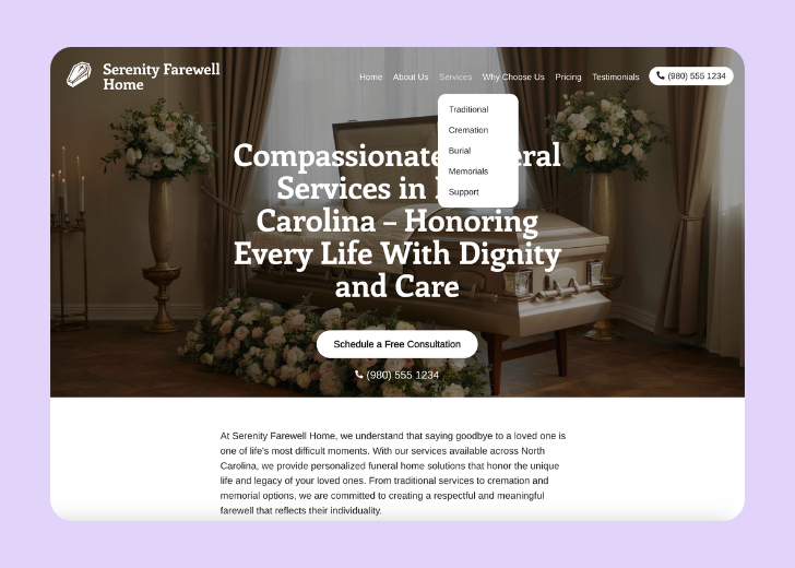Spotless Touch landing page of a specific service titled 'Post Construction Cleaning' with a contact form on the side