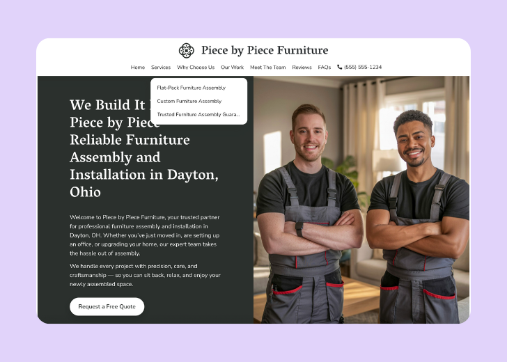 Spotless Touch landing page of a specific service titled 'Post Construction Cleaning' with a contact form on the side