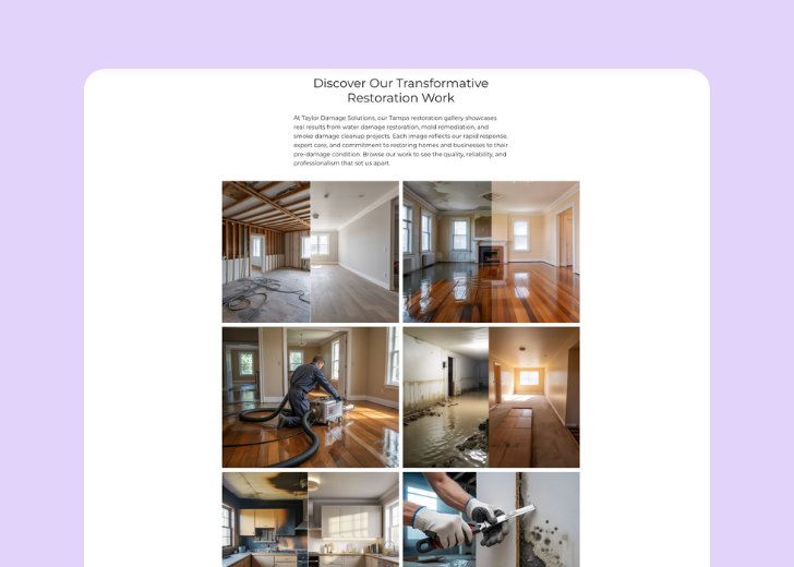 Gallery section titled 'Explore Our Stunning Home Remodeling Projects' with a gallery of 6 images of wooden-themed interior design in a masonry grid layout