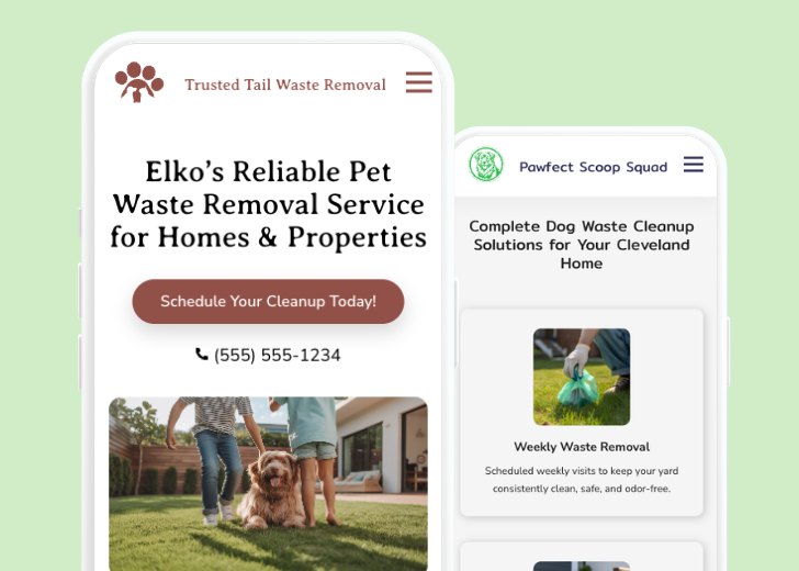 Revive Detailing and Spotless Touch landing pages in two smartphones, side by side, showing mobile view of the websites