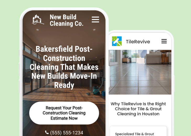 Revive Detailing and Spotless Touch landing pages in two smartphones, side by side, showing mobile view of the websites