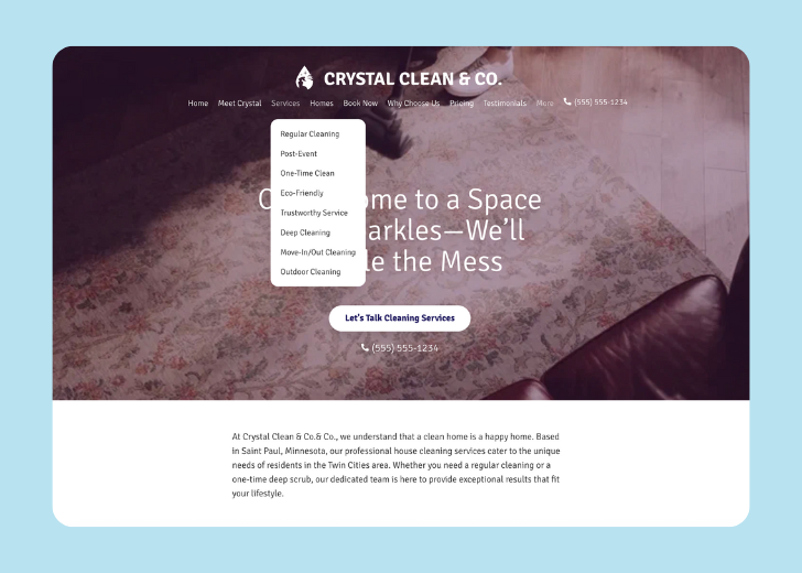 Spotless Touch landing page of a specific service titled 'Post Construction Cleaning' with a contact form on the side