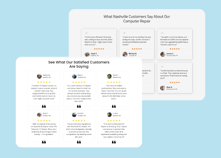 A collage of reviews section generated by Zarla showing different styles of testimonials