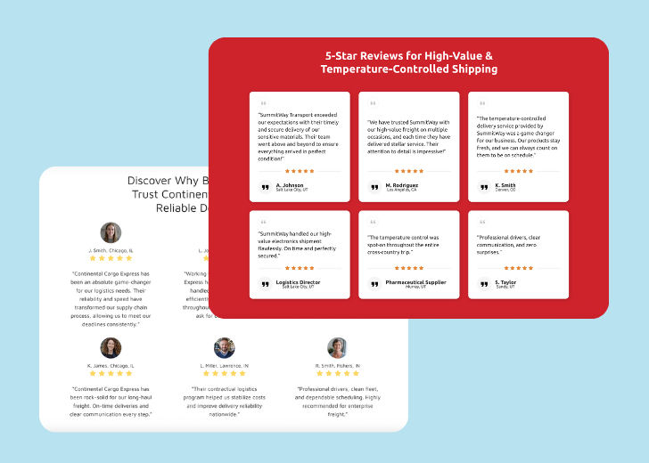 A collage of reviews section generated by Zarla showing different styles of testimonials