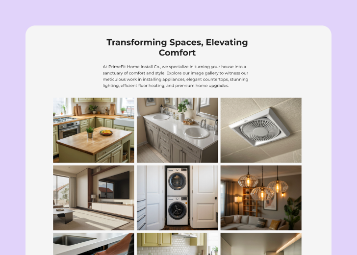 Gallery section titled 'Explore Our Stunning Home Remodeling Projects' with a gallery of 6 images of wooden-themed interior design in a masonry grid layout