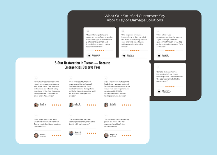 A collage of reviews section generated by Zarla showing different styles of testimonials