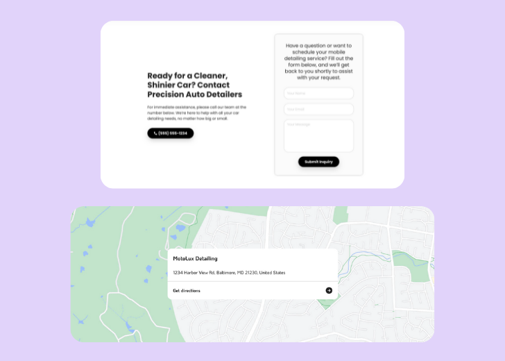 A screenshot of a header with navigation pills with contact number, a blue-colored primary button with contact number, and a 2D depiction of a map with a business address in the center