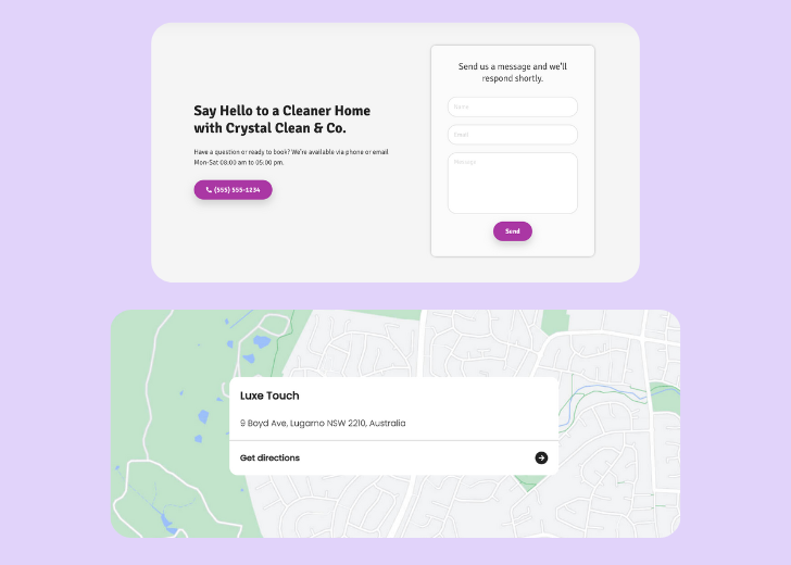 A screenshot of a header with navigation pills with contact number, a blue-colored primary button with contact number, and a 2D depiction of a map with a business address in the center