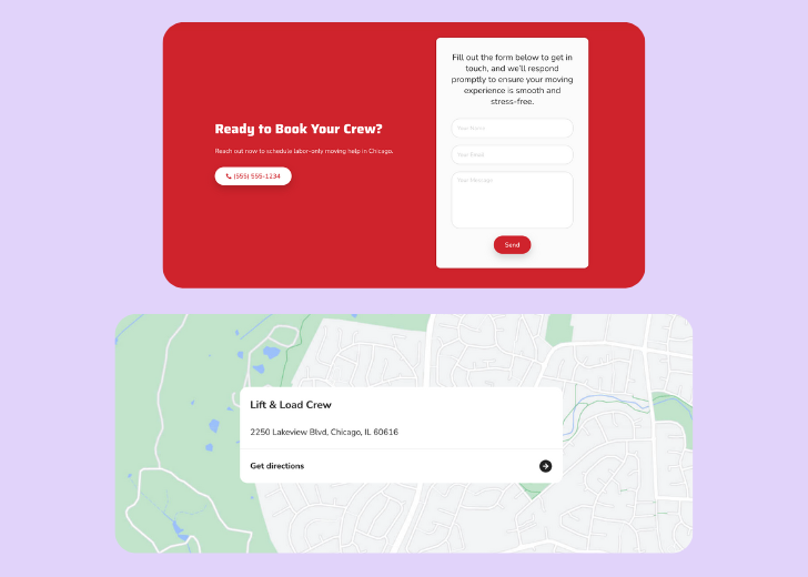A screenshot of a header with navigation pills with contact number, a blue-colored primary button with contact number, and a 2D depiction of a map with a business address in the center